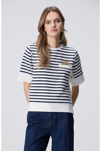 Network Beyaz Lacivert Dokuma Garni Detaylı Sweatshirt