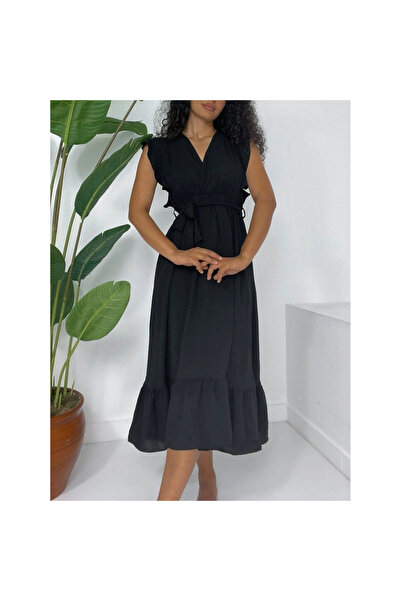 MissRunin فستان أيروبين بأكمام صفرية وأكتاف مكشكشة وخصر مطاطي ورباط - أسود