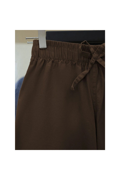 trend_ermege بنطلون كتان واسع الساقين مع تفاصيل دانتيل وخصر مطاطي - بني