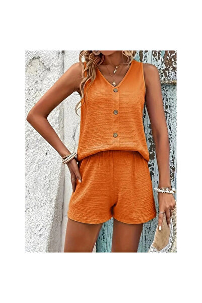 GENİRA Women's Strappy Sleeveless V-Neck Front Buttoned Wrap Blouse and Short...