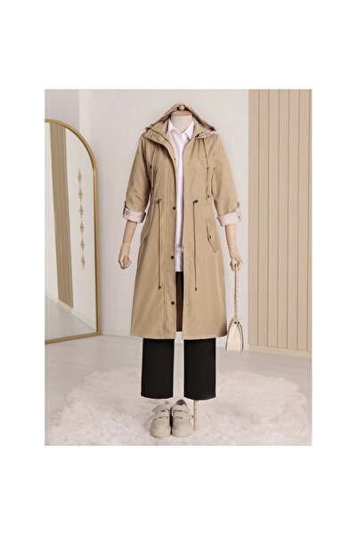 Genel Markalar Astarı Çizgili Trençkot -Açık Vizon