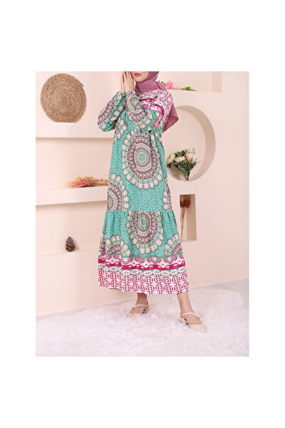 ALPACO Patterned lace-up elastic sleeve dress - green