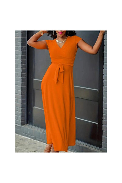 DoğaMilya Butik Women's Short Sleeve V-Neck Waist Belted Maxi Length Viscose ...