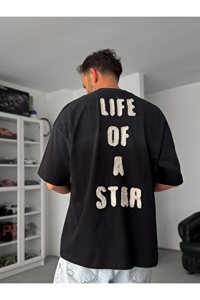 BYBASICMAN Tricou oversize negru, brodat și lavabil, Black Life JJ-70