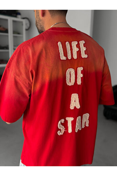 BYBASICMAN Red Life Embroidered Washable Oversize T-Shirt Jj-70