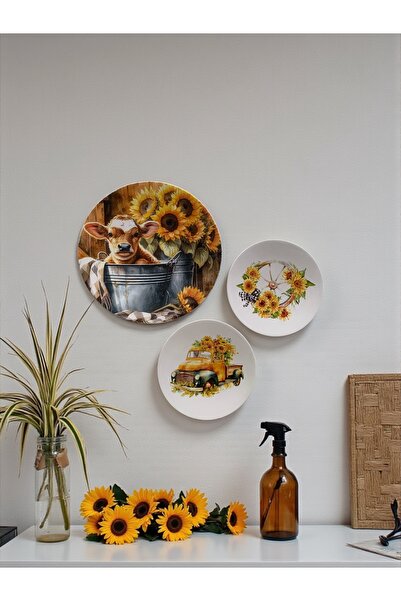 unique florya 3'lü Set Duvar Tabağı Ayçiçeği İnek Desenli Çiftlik Temalı Deko...