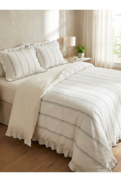 Ricco Lifes طقم غطاء لحاف مزدوج مخطط باللون الأسود مع كشكشة