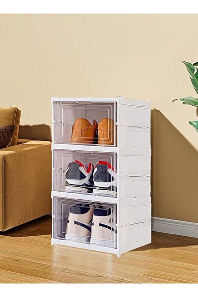 Arabest صندوق تخزين أحذية قابل للطي بثلاثة أرفف، منظم أحذية قابل للتكديس بدون...