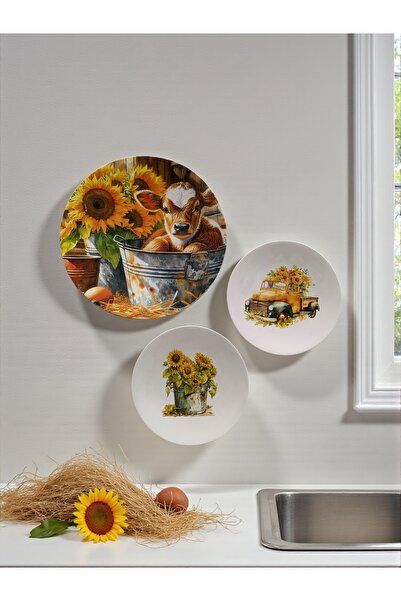 unique florya 3'lü Set Duvar Tabağı Ayçiçeği İnek Desenli Çiftlik Temalı Deko...
