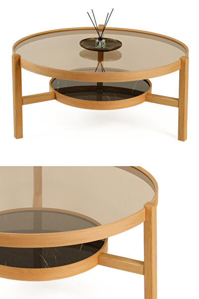 Eymense Flora Camlı Orta Sehpa Mermer Desen Siyah