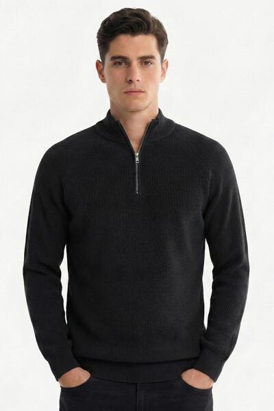 Sabri Özel Siyah Slim Fit Dokulu Fermuarlı Yarım Balıkçı Yaka Erkek Triko Kazak