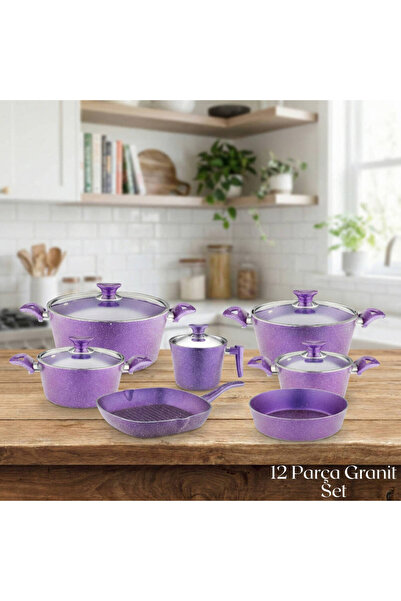Arzu Çelik 12 Piece Granite Set Glass Lid - Violet