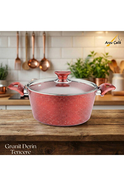 Arzu Çelik 24 cm Granite Deep Pot Glass Lid - Red
