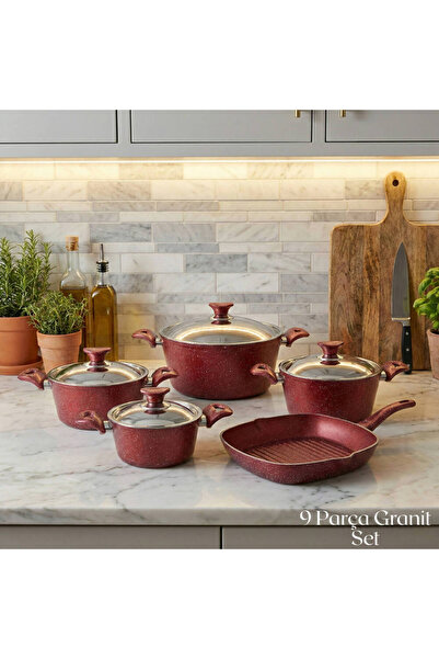 Arzu Çelik طقم غطاء فولاذي من الجرانيت مكون من 9 قطع - أحمر