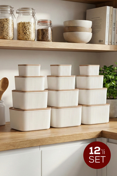 Vienev Set of 12 Striped Square Storage Containers Beige - Microwave and Free...