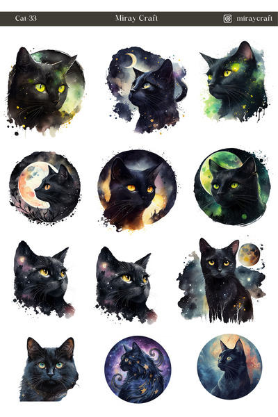 MirayDesign 1 Galaxy & Black Cat Themed Sticker Sheet (12×17 cm)