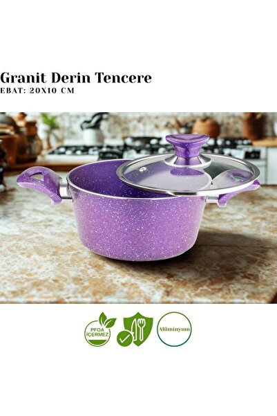 Arzu Çelik 20 cm Granite Deep Pot Glass Lid - Violet