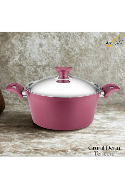 Arzu Çelik 24 cm Granite Deep Pot Steel Lid - Plum