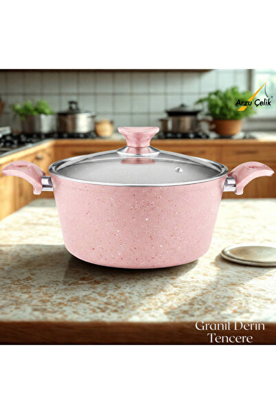 Arzu Çelik 28 cm Granite Deep Pot Glass Lid - Pink
