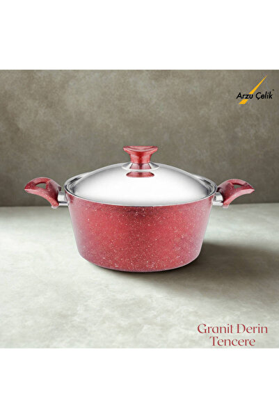 Arzu Çelik 28 cm Granite Deep Pot Steel Lid - Red