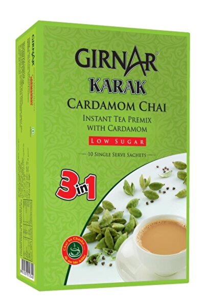 GIRNAR Instant Karak Tea 2in1 Cardamom Chai Premix Low Sugar (10 Sachets) 80 ...