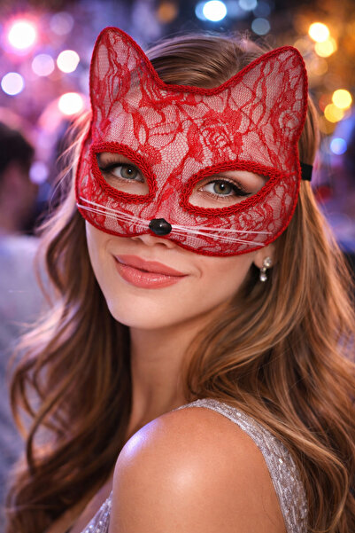 PARTİPORT Red Lace Cat Mask – Party & Costume Accessory (with Adjustable Elas...