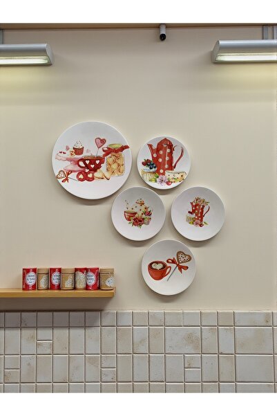 unique florya 5'li Set Duvar Tabağı Kırmızı Dekoratif Mutfak Duvar Süsü Elyapımı