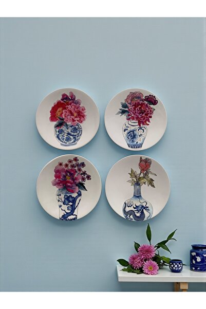 unique florya 4'lü Set Duvar Tabağı Küçük Boy Blue Blanc Çiçek Temalı Dekorat...
