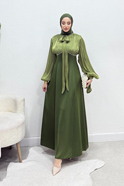 Tesettür Diyarı Rochie de seară musulmană Meri Beli cu șnururi la gât și la î...