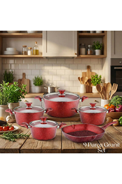Arzu Çelik طقم غطاء زجاجي من الجرانيت مكون من 9 قطع - أحمر