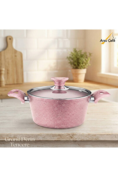 Arzu Çelik 24 cm Granite Deep Pot Glass Lid - Pink