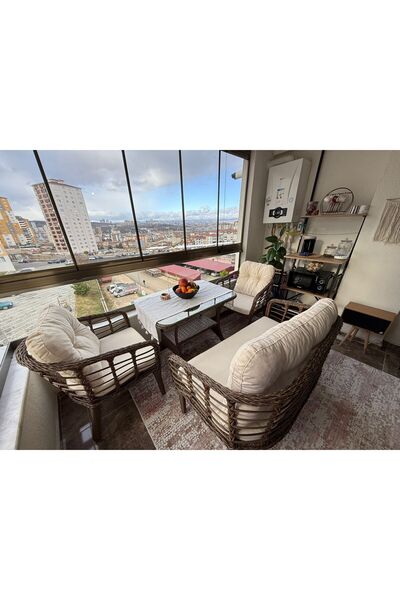 Tu Tienda KARTEPE GALVANİZ BORU 2 1 1 SEHPA(60*90) RATTAN BAHÇE BALKON TAKIMI,KAHVE RATTAN/KREM KUMAŞ