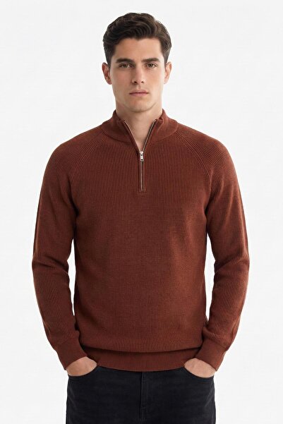 Sabri Özel Kiremit Slim Fit Dokulu Fermuarlı Yarım Balıkçı Yaka Erkek Triko K...