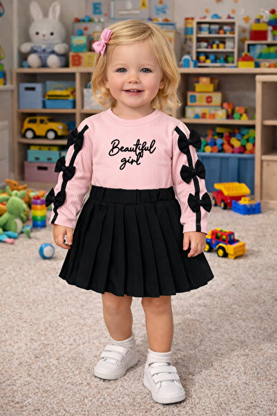 SANTRALBEBE Kız Çocuk Eteği Piliseli Kurdelalı Şort Etekli Takım