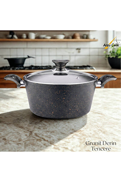 Arzu Çelik 28 cm Granite Deep Pot Glass Lid - Black