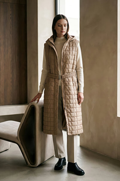 Minel Women's Beige Long Belted Vest