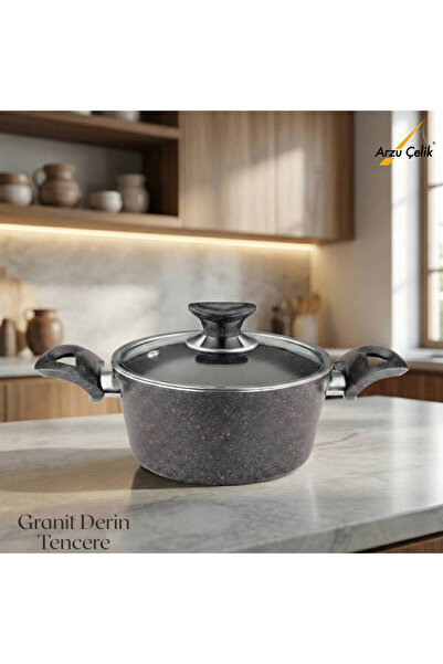 Arzu Çelik 20 cm Granite Deep Pot Glass Lid - Black