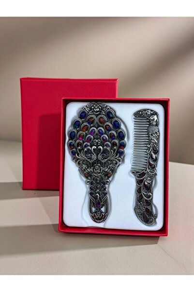 DeGo Shop Etnik Desenli Vintage Kabartmalı El Aynası ve Tarak Seti ( Kutulu )