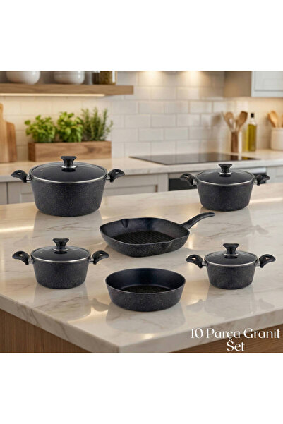 Arzu Çelik طقم غطاء زجاجي من الجرانيت مكون من 10 قطع - أسود