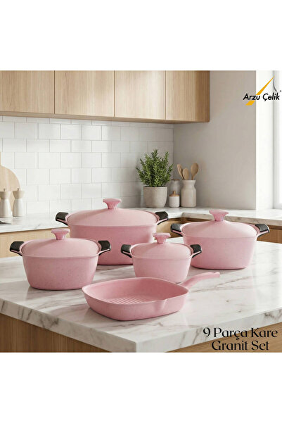 Katre 9 Piece Square Granite Set Aluminum Lid - Pink