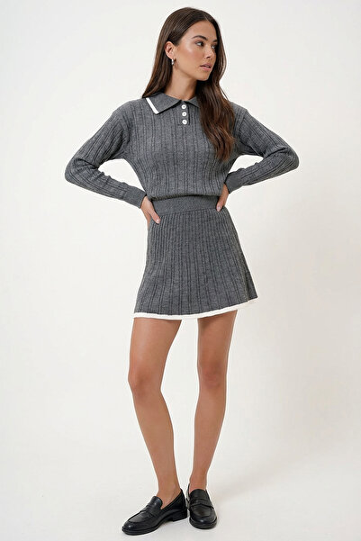 SAYZEN Polo Collar Braided Sweater-Skirt Knitwear Set