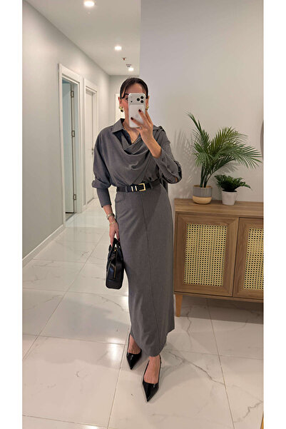 BİRCANÇİL Olsoya Gray Shawl Skirt and Shirt Set
