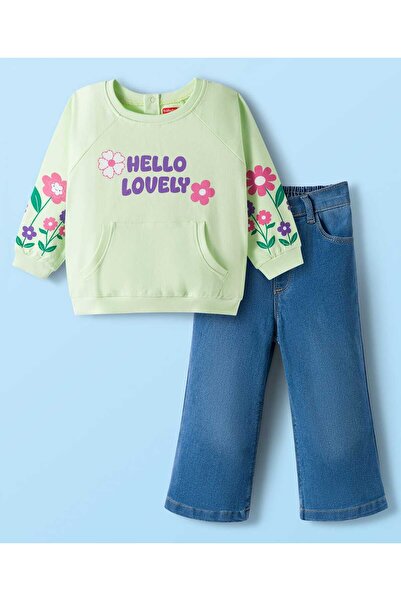 Babyhug طقم مكون من بلوزة بأكمام طويلة وياقة مضلعة وبنطال جينز، بجيب أمامي وط...