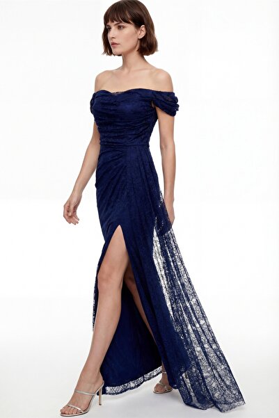 Lafaba Women's Navy Blue Slim Fit Boat Neck Lace Long Evening Dress