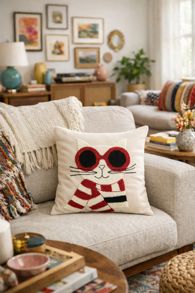 Pilloveland Punch Embroidered Throw Pillow Cover - 43*43 cm - Cool Cat - Pnk001