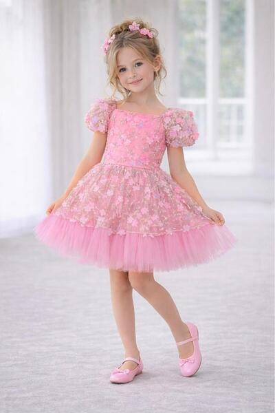 Dıgıl Kids Kız Çocuk Elbise Pembe Papatya Pulpayetli Abiye