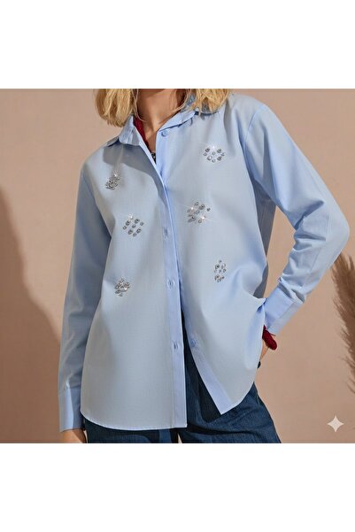 Amorti Women's Baby Blue Stone Embroidered Oversize Cotton Shirt - Premium Se...