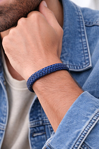 HER ŞEY NOTA www.herseynota.com Navy Blue Smoked Genuine Leather Braided Men'...