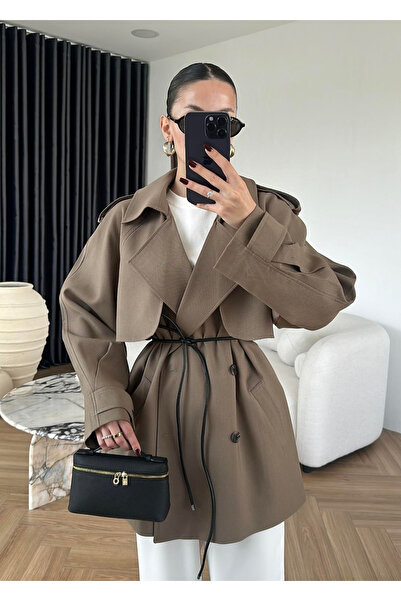 My Blog Khakifarbener Leder-Trenchcoat mit Windbreaker und Kordelgürtel - 7488