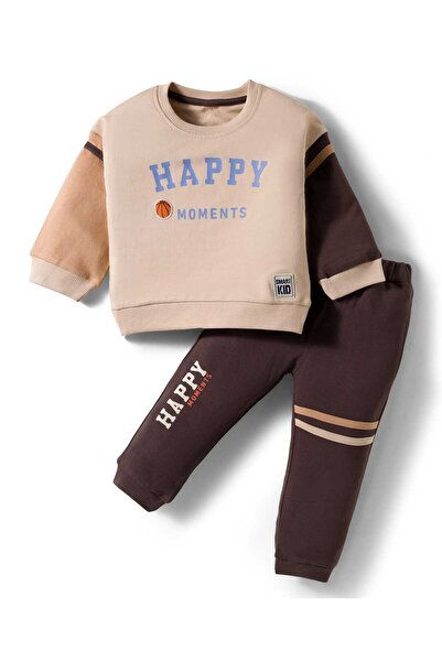 ToffyHouse Knitted Full Sleeves T-Shirt & Joggers Set with Happy Text Print -...